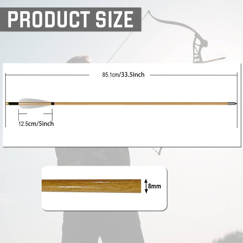 e5e10 33inch Wooden Arrows Handmade Tradition Target Arrows with Turkey Feather Fletching with Field Points for Recurve Bow Longbow Archery Practice 12PACK - Image 2
